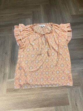 Rose Olive Blouse‎ Womens Large Boho Cottagecore Floral Peasant Flutter Sleeve
